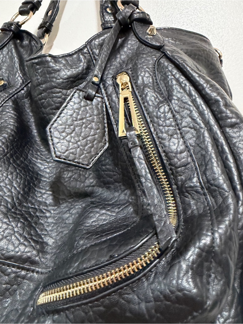 Jessica Simpson Black Faux Leather Moto Satchel Shoulder Bag Gold Hardware - Picture 2 of 10